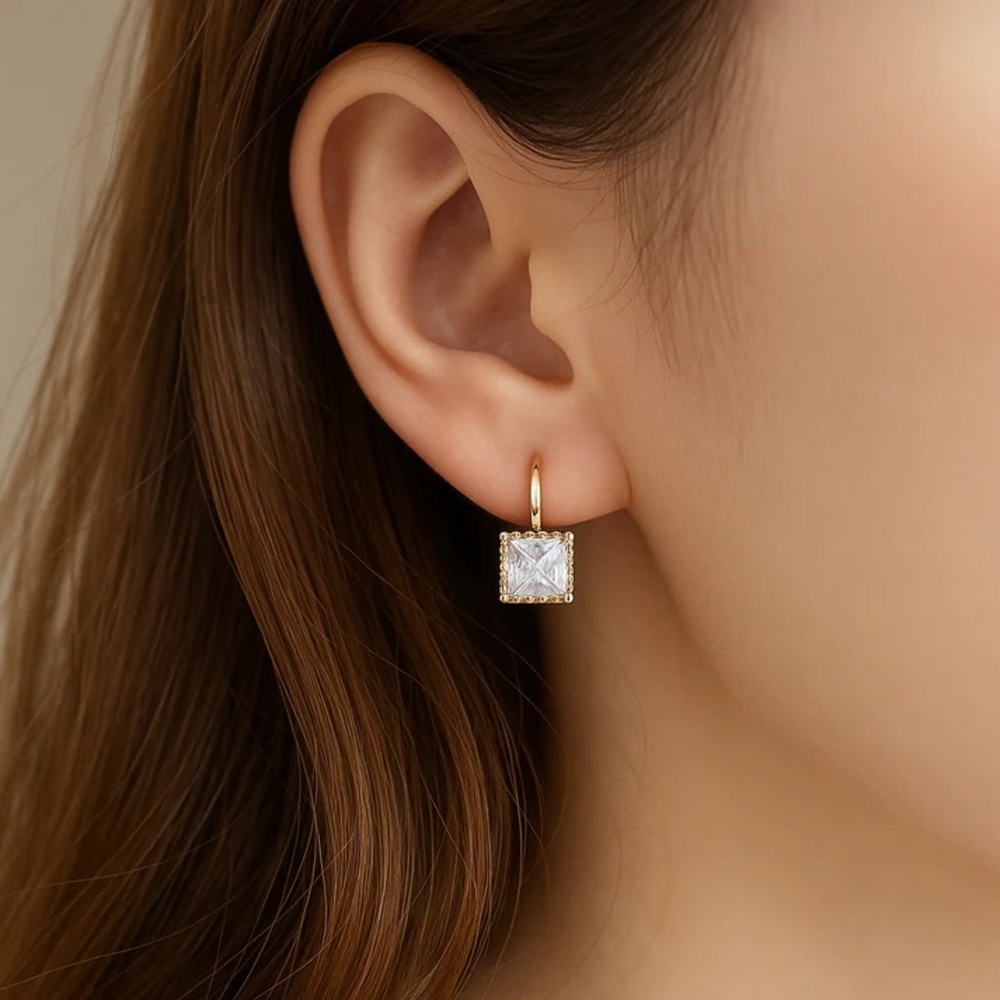 Gold-Tone Square CZ Drop Earrings - Sparkling Clear Stones - Picture 2 of 5